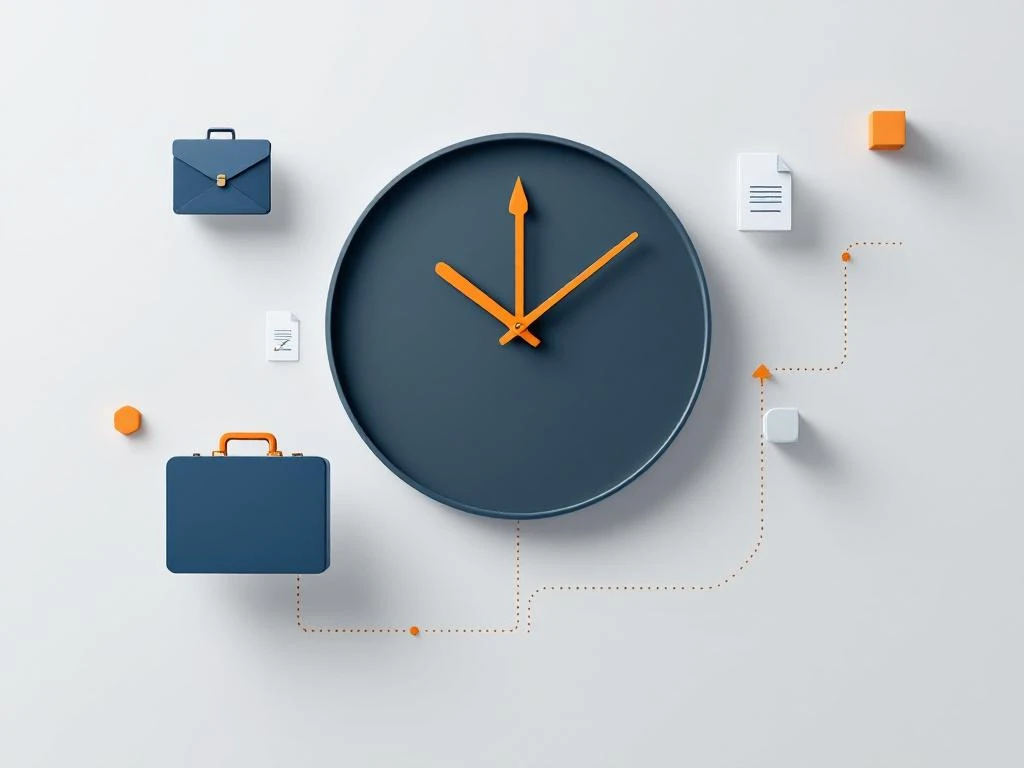 Minimalistische klok met geometrische wijzers, omringd door zwevende aktetas- en documentpictogrammen in navy en grijs tinten