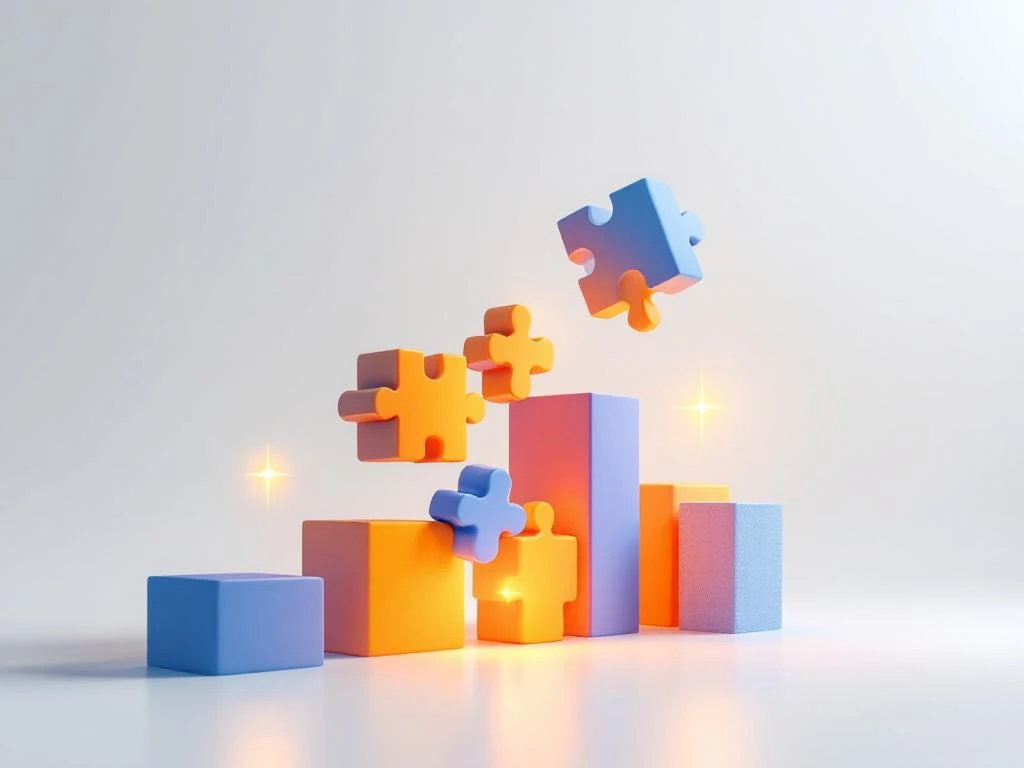 Zwevende geometrische blokken in blauw en oranje die verbinden tegen witte achtergrond, symboliseert carrièrekansen