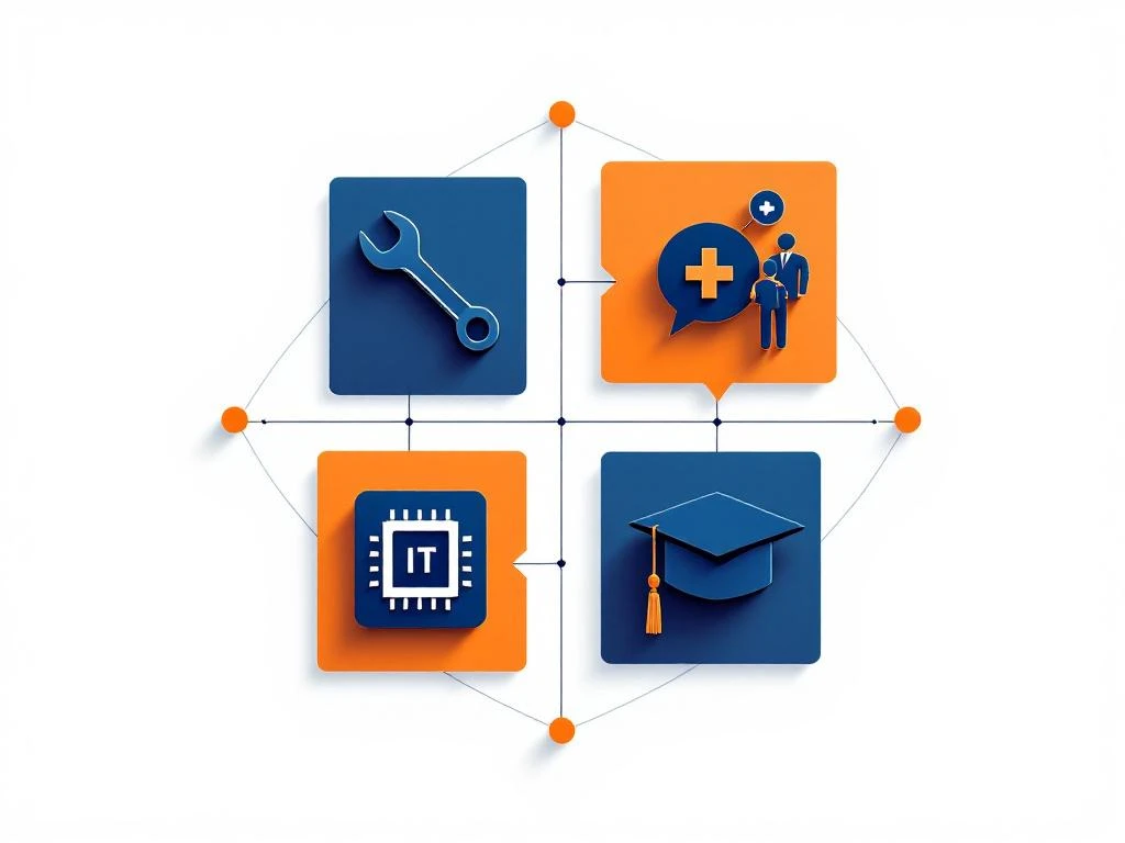 Geometrische pictogrammen voor beroepen: sleutel, medisch kruis, computerchip en afstudeerhoed in marineblauw en oranje