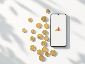 Calculator met verspreide euromuntjes en smartphone met grafiek op witte achtergrond voor bijverdiensten