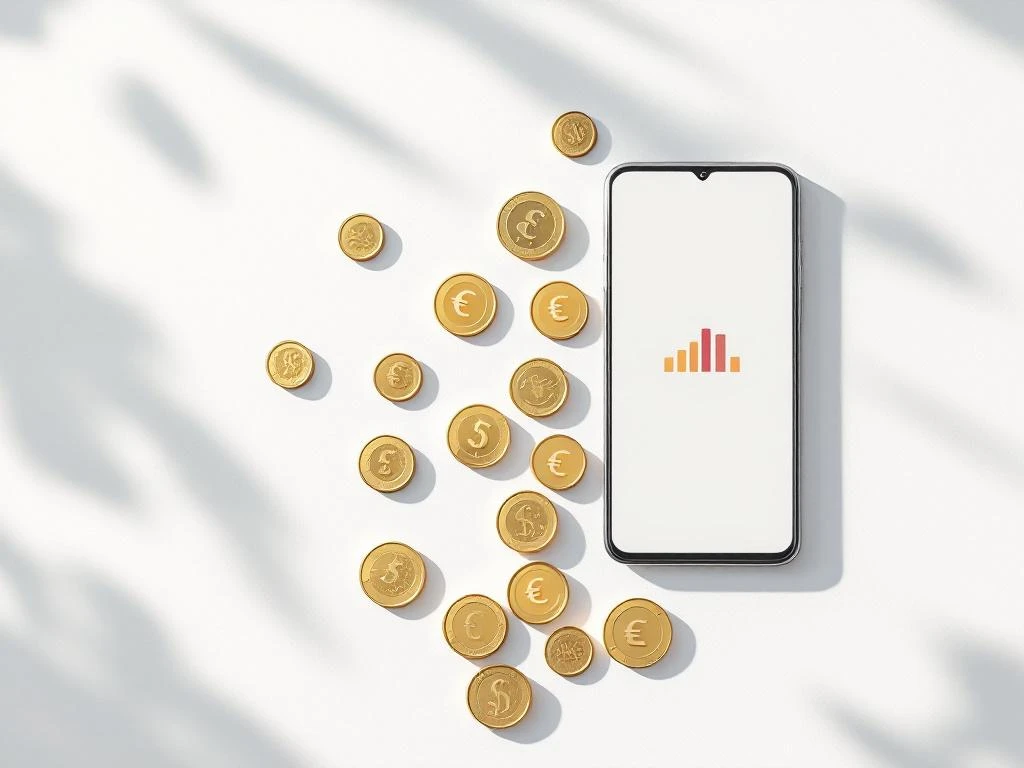 Calculator met verspreide euromuntjes en smartphone met grafiek op witte achtergrond voor bijverdiensten