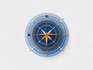 Minimalistische navigatiecompas in marineblauw en oranje met pijlen naar carrièrepaden en professionele pictogrammen