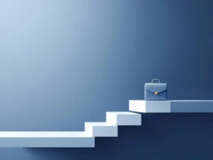Geometrische witte en blauwe stapstenen die diagonaal naar een aktetas leiden, symboliserend carrièrevoortgang