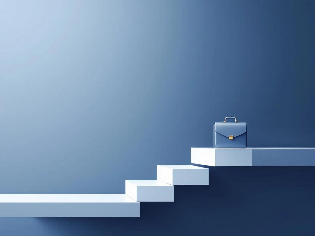 Geometrische witte en blauwe stapstenen die diagonaal naar een aktetas leiden, symboliserend carrièrevoortgang