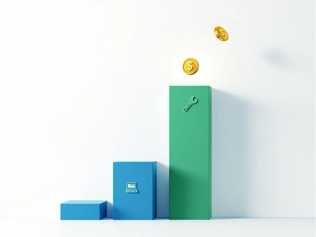 Stijgende blauwe en groene pilaren met carrièrepictogrammen (sleutel, doos, calculator, klembord) en gouden munten op witte achtergrond