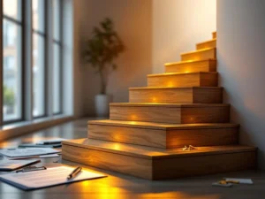 Houten trap met zes treden toont carrièrevoortgang van tijdelijke documenten naar vast contract en gouden sleutel