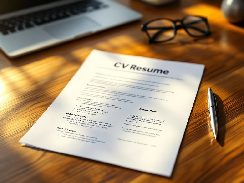 Professioneel CV-document op houten bureau met pen, bril en laptop, dramatisch verlicht in kantooromgeving