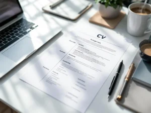 CV-document op wit bureau met laptop, pen en koffiekop in natuurlijk licht met professionele werkruimte-opstelling