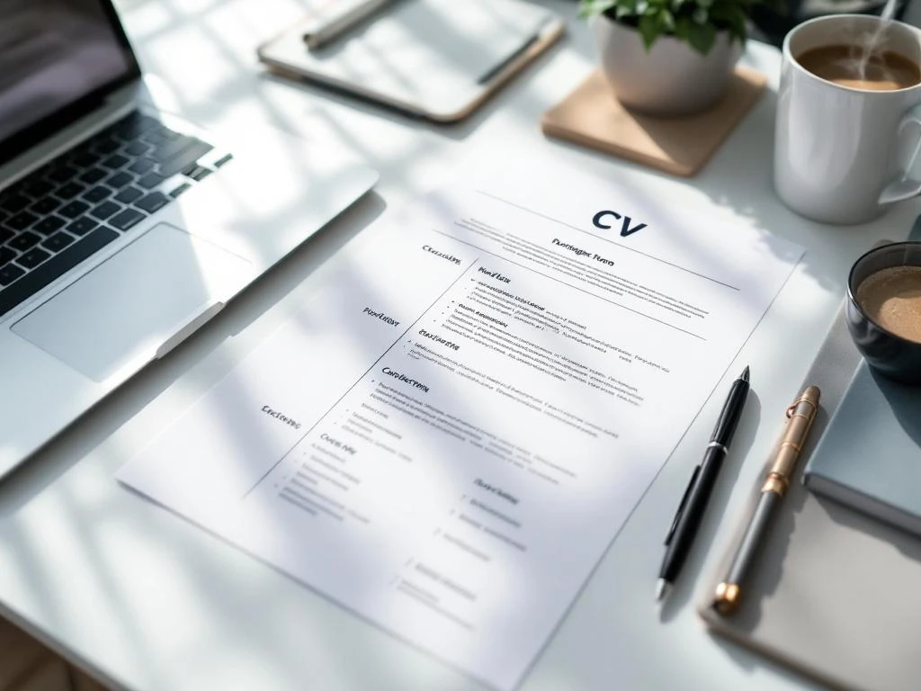 CV-document op wit bureau met laptop, pen en koffiekop in natuurlijk licht met professionele werkruimte-opstelling