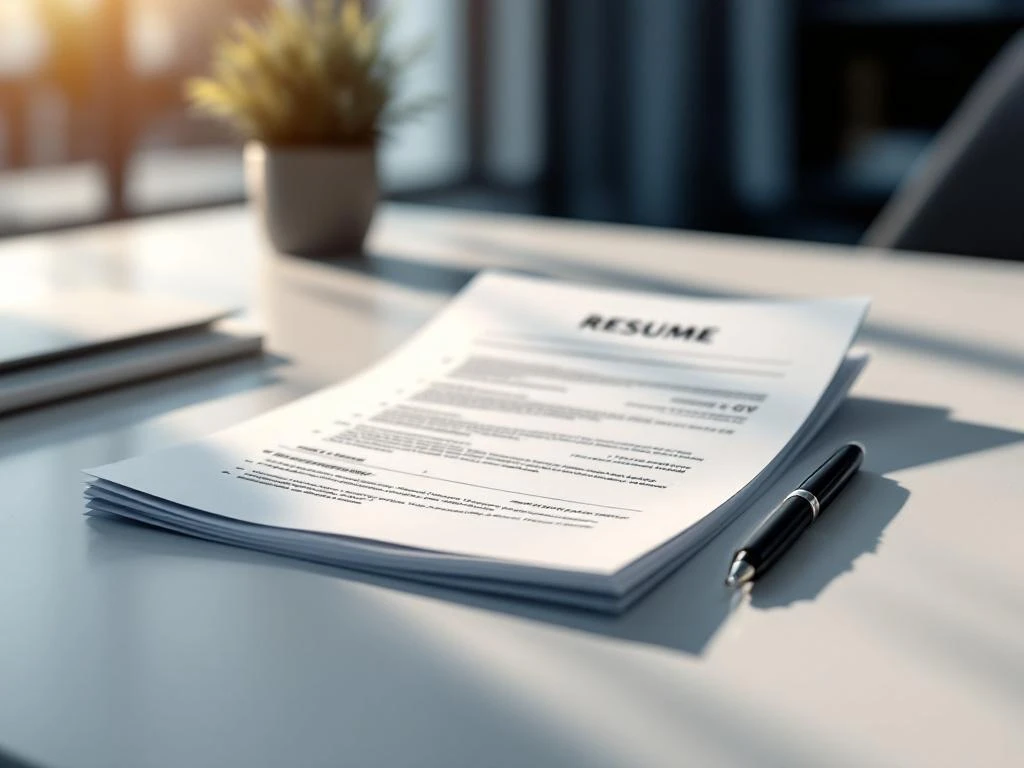 Professioneel CV-document met meerdere pagina's op wit bureau met pen, natuurlijke verlichting en kantooromgeving