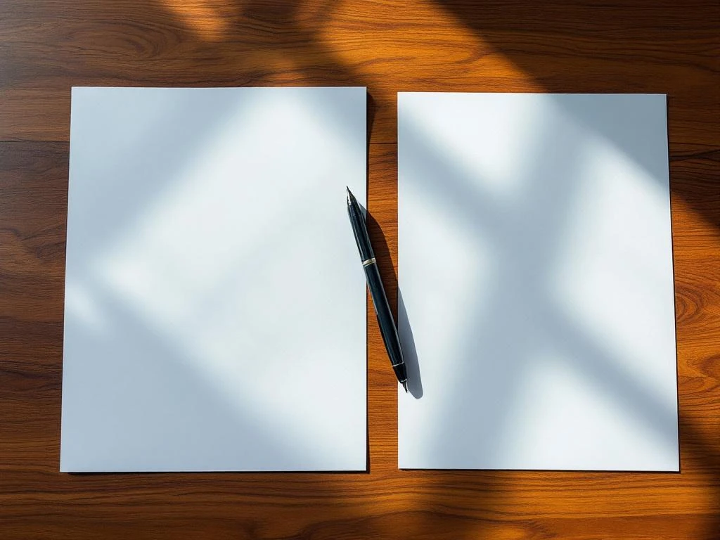 Gesplitst bureaubeeld toont CV zonder en met professionele pasfoto, pen symboliseert keuzeproces op houten bureau