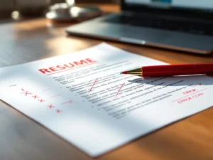 CV met rode correcties en doorhalingen op houten bureau, rode pen ernaast, laptop met vacaturesite op achtergrond