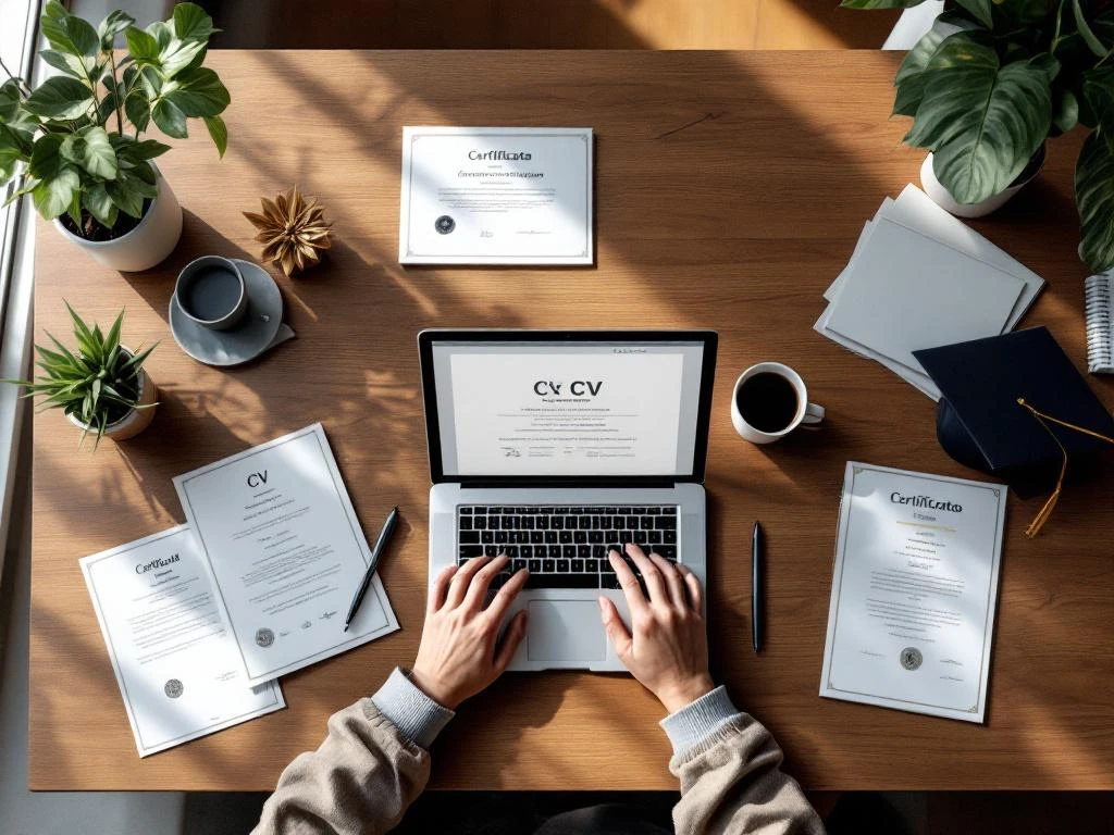 Laptop met CV-sjabloon op houten bureau omringd door diploma's en certificaten, pen en koffiekopje erbij