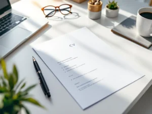 CV-document op wit bureau met laptop, pen, bril en koffiekop in professionele kantooromgeving