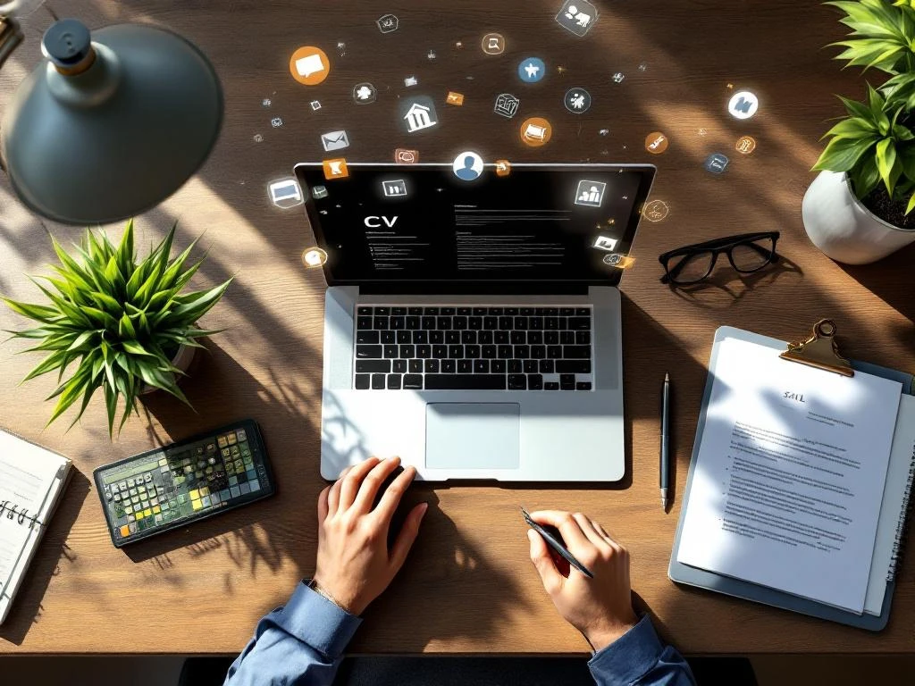 Open laptop met CV-sjabloon op houten bureau omringd door kantoorbenodigdheden en zwevende vaardigheidspictogrammen