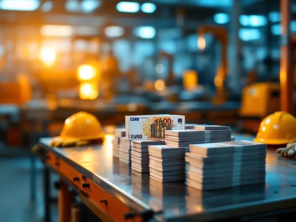 Stapels eurobankbiljetten op metalen werkbank in industriële omgeving met productieapparatuur op achtergrond