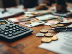 Calculator toont €0,00 op houten bureau met Nederlandse eurobiljetten, munten, contract en pen in professionele setting