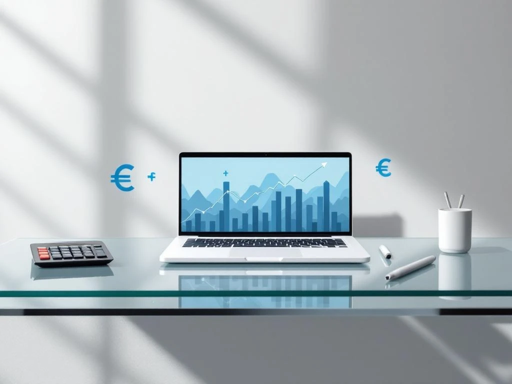 Moderne glazen bureau met witte laptop die financiële grafieken toont, calculator, pen en zwevende eurosymbolen