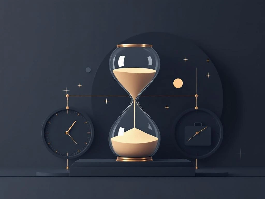 Moderne zandloper met stromend zand naast weegschaal met koffertjes, klok-elementen op achtergrond in navy en goud tinten.