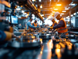 Arbeider bedient precisieapparatuur op moderne industriële productielijnen met roestvrijstalen machines en transportbanden