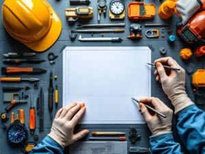 Industriële werkplek met precisie-meetgereedschap, veiligheidsuitrusting, kwaliteitscontrolegrafieken en moderne machineonderdelen