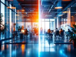 Gesplitste weergave van modern kantoor en personeelsbureau verbonden door lichtstromen, blauwe en oranje kleuren