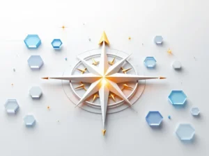 Witte kompasroos met gouden pijl naar geometrische deuropening, omgeven door blauwe zeshoekige vormen op grijze achtergrond