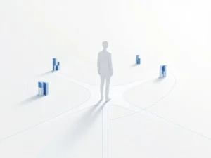Persoon op kruispunt met meerdere paden naar abstracte bedrijfsgebouwen, minimalistische vormgeving in blauw en grijs