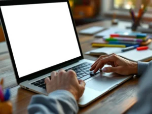 Handen typen op laptop toetsenbord met lege document op scherm, omringd door studiemateriaal op houten bureau
