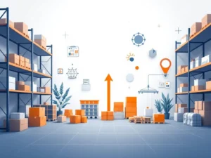 Minimalistische werkruimte met geometrische logistieke elementen, magazijnrekken en carrière pijl in navy en oranje