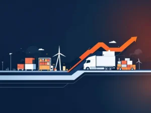 Geometrische magazijnen en pijlen in navy, wit en oranje die carrièrevoortgang in logistieke sector symboliseren