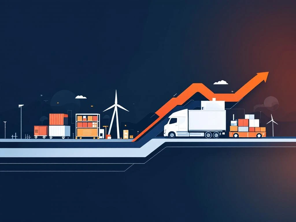 Geometrische magazijnen en pijlen in navy, wit en oranje die carrièrevoortgang in logistieke sector symboliseren