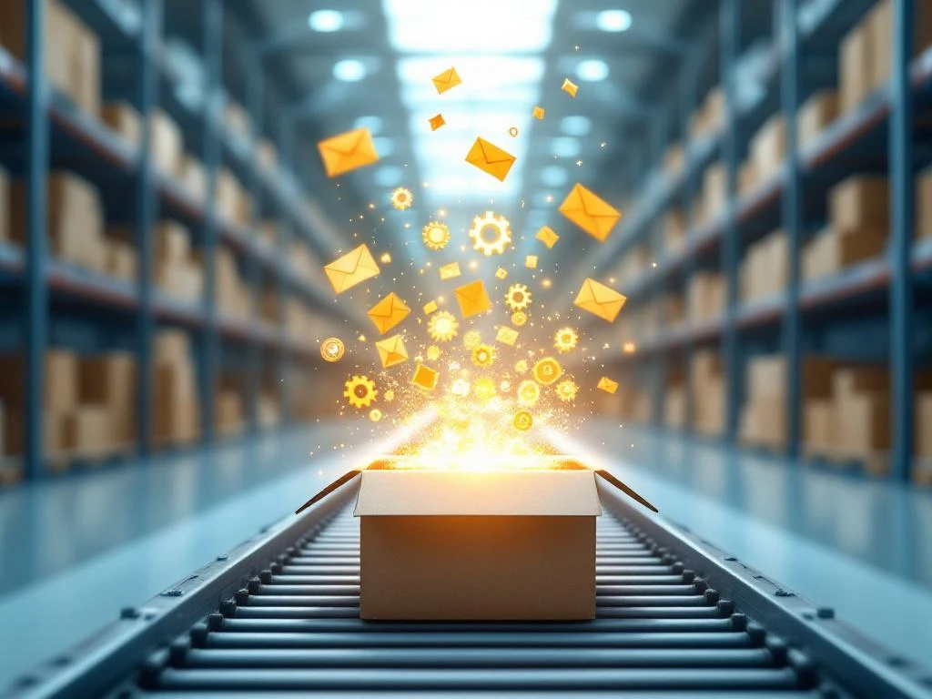 Moderne magazijn met transportbanden waar diploma's en tandwielen uit doos zweven, symboliseert logistieke carrièrekansen