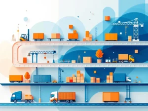 Minimalistische logistiek illustratie met containers, vrachtwagens en transportpictogrammen in blauw-oranje kleurenschema