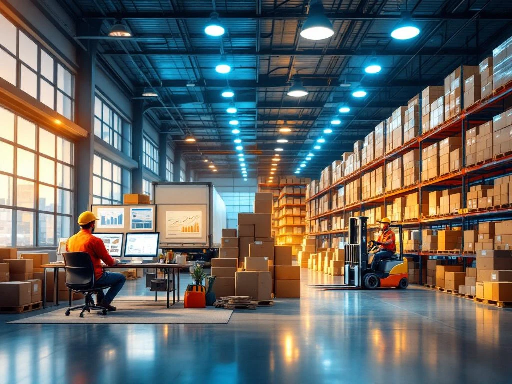 Magazijnmedewerkers: links logistiek coördinator aan computer, rechts vorkheftruck bestuurder tussen opslag rekken