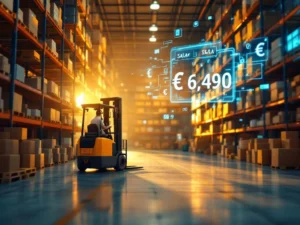 Moderne magazijninterior met tablet die salariscijfers toont, vorkheftruck, industriële stellingen en gouden zonlicht