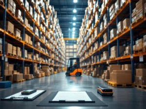 Magazijninterieur met georganiseerde stellingen, vorkheftruck, scanner en klembord op werkstation voor logistiek personeel