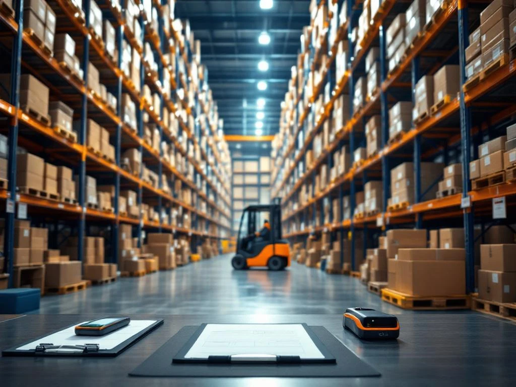Magazijninterieur met georganiseerde stellingen, vorkheftruck, scanner en klembord op werkstation voor logistiek personeel