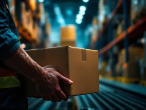 Magazijnmedewerker tilt zware doos met gespannen spieren, zweet zichtbaar op onderarmen in industriële omgeving