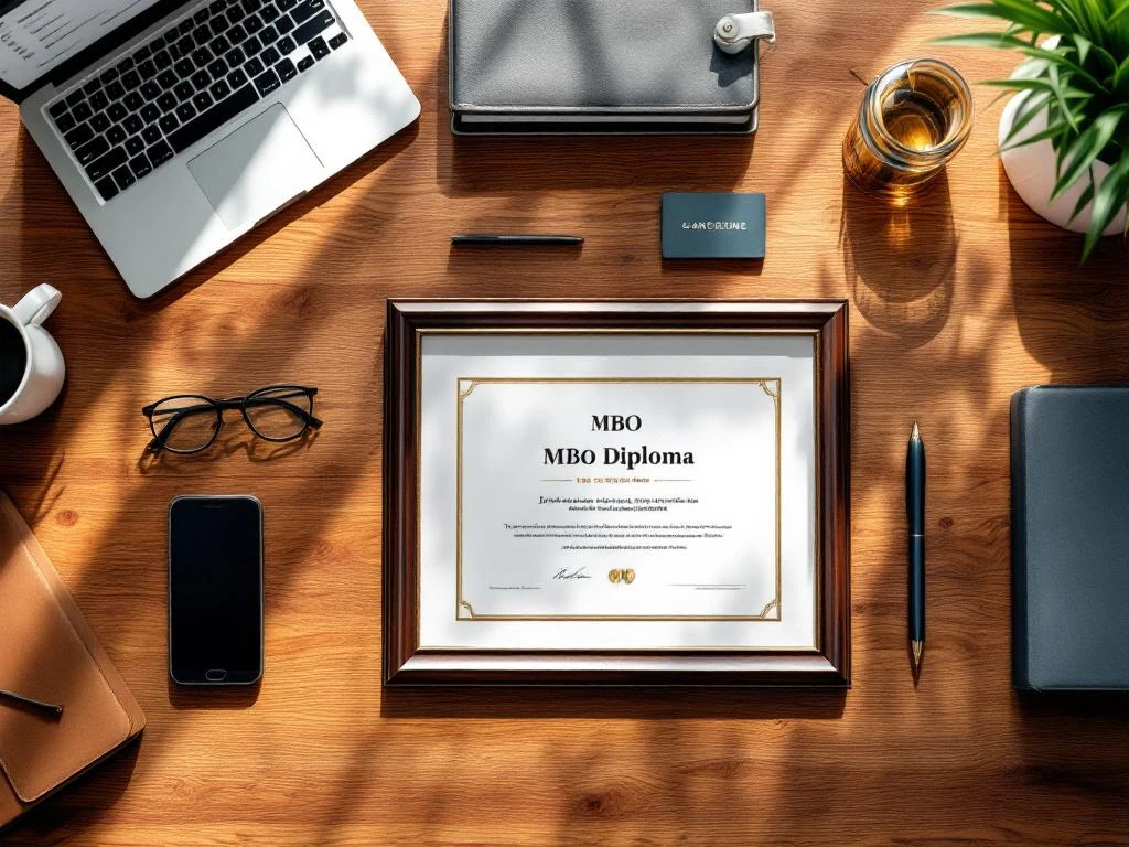 MBO diploma in lijst op houten bureau omringd door laptop, smartphone, visitekaartjes en koffiekop voor carrièresucces