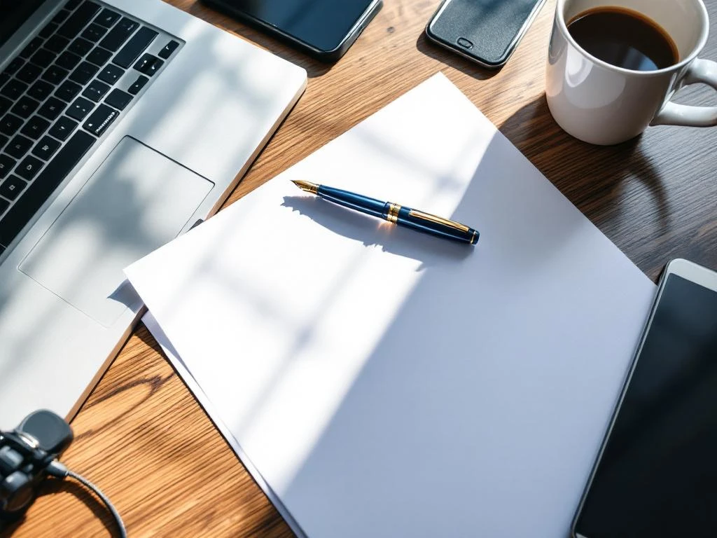 Professionele werkplek met fonteinpen op wit papier, laptop, smartphone en koffiekop in warm natuurlijk licht