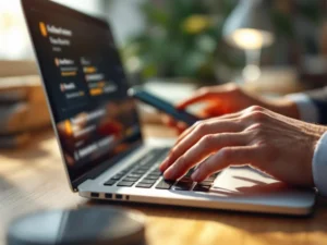 Professionele handen typen op laptop toetsenbord naast smartphone met e-mailmeldingen op houten bureau in kantoor