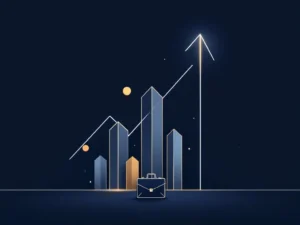 Geometrische pijl omhoog met aktetas pictogram op marineblauw, gouden accenten, professionele zakelijke groei