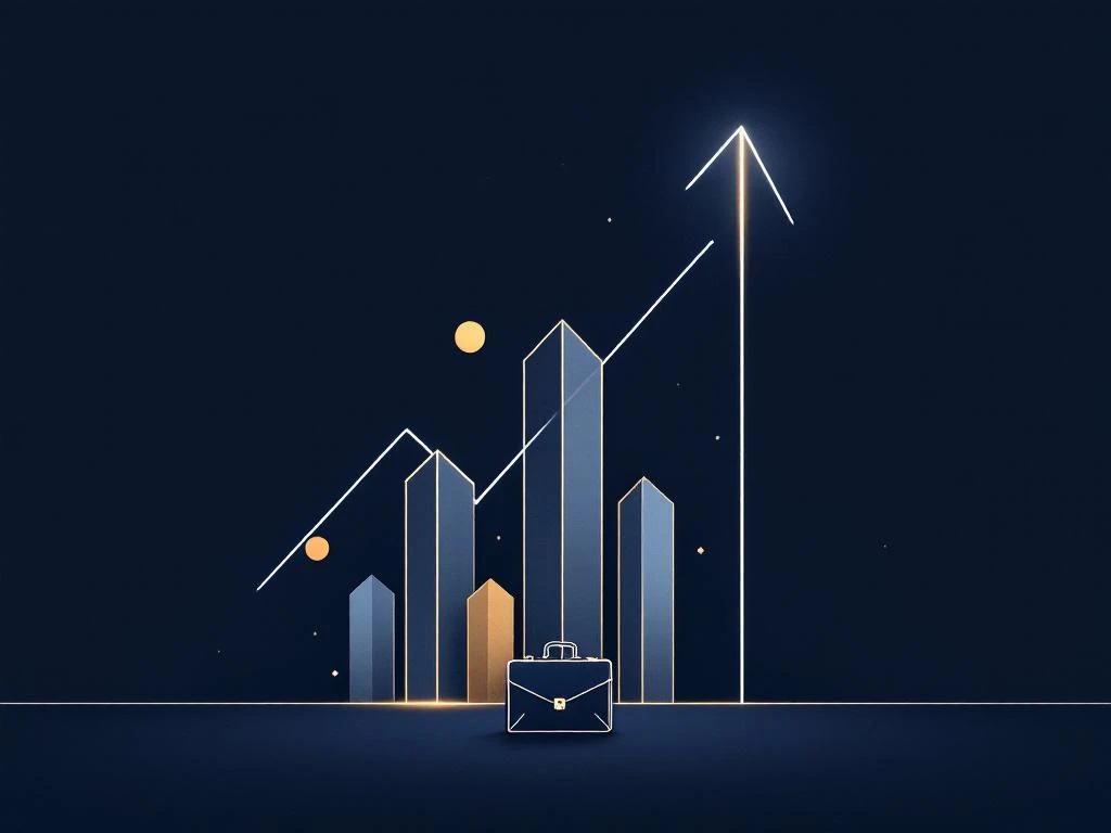 Geometrische pijl omhoog met aktetas pictogram op marineblauw, gouden accenten, professionele zakelijke groei