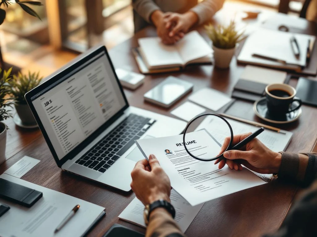 Moderne kantoorwerkplek van bovenaf met laptop met vacatures, vergrootglas op cv en handdruk op achtergrond