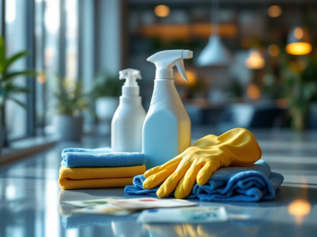 Professionele schoonmaakmiddelen met sprayflessen en microvezeldoeken op gepolijste tafel, eurobiljetten op achtergrond