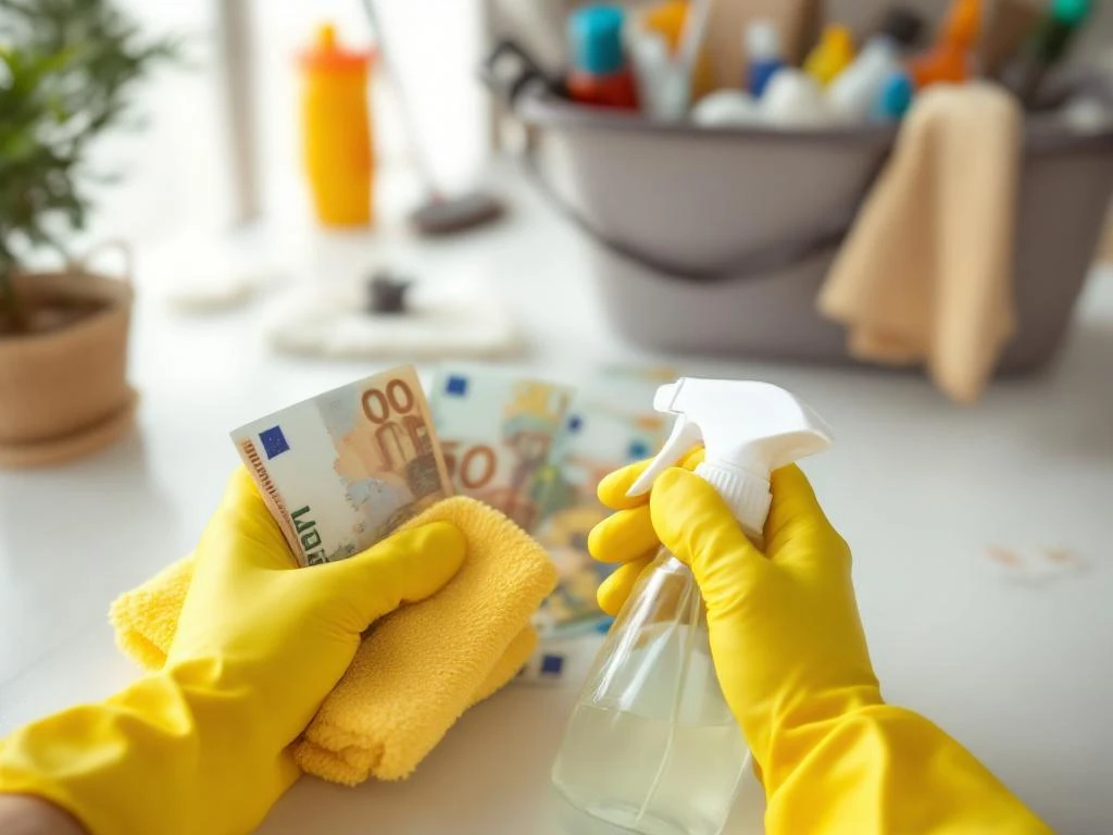 Handen in gele rubberen handschoenen houden schoonmaakmiddelen vast, eurobiljetten op achtergrond
