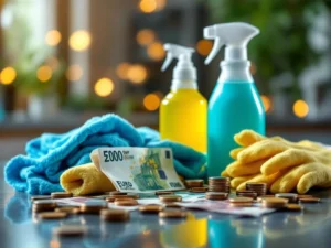 Schoonmaakbenodigdheden met sprayflessen, microvezeldoeken en handschoenen naast eurobiljetten en munten op tafel