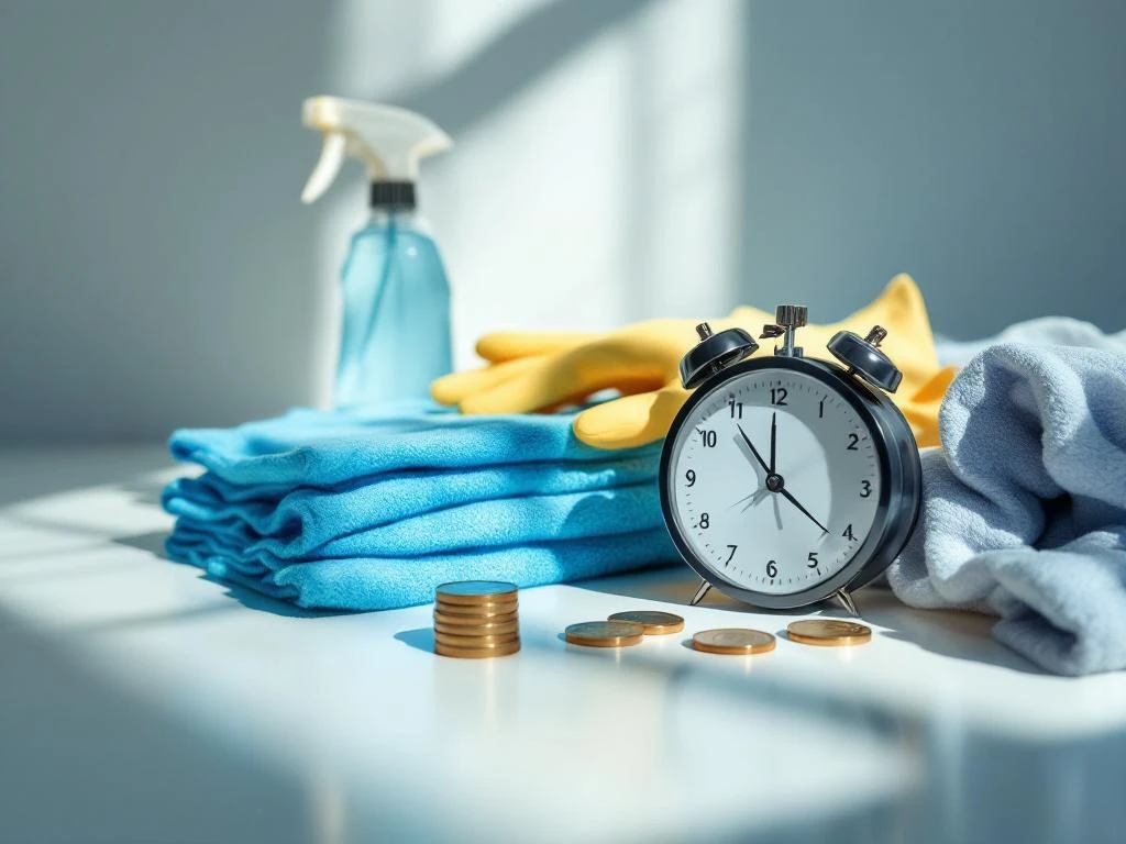 Professionele schoonmaakmiddelen met spuitfles, microvezeldoeken en handschoenen naast klok en euromunten op wit oppervlak