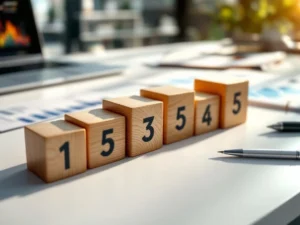 Vijf houten blokken genummerd 1-5 in trapvorm op modern bureau met laptop en documenten voor sollicitatiestappen